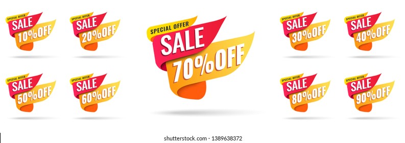 Sale tags set vector badges template, up to 10, 20, 90, 80, 30, 40, 50, 60, 70 percent off, vector illustracion.