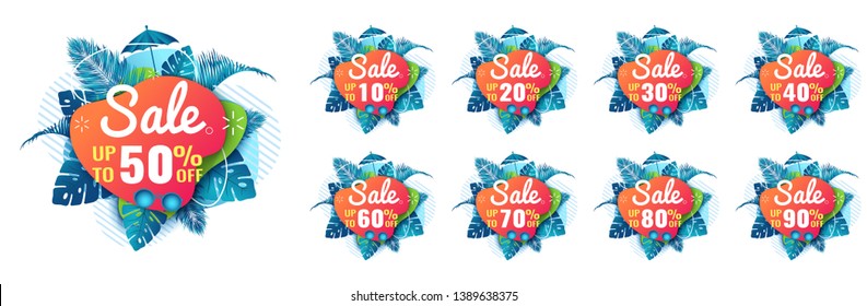 Sale tags set vector badges template, up to 10, 20, 90, 80, 30, 40, 50, 60, 70 percent off, vector illustracion.