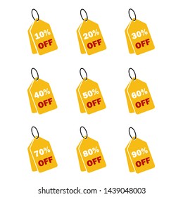 Sale tags set vector badges template, 10 off, 15 %, 20, 25, 30, 40, 50, 60, 70 percent sale label symbols, discount promotion flat icon with long shadow, clearance sale sticker emblem red rosette