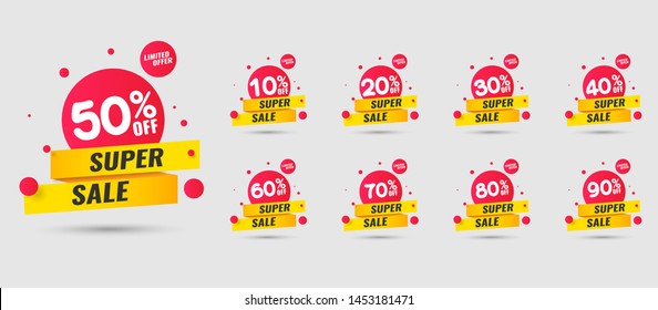 Verkaufs-Tags setzen Vektorgrafiken-Vorlage, bis zu 10, 20, 90, 80, 30, 40, 50, 60, 70 Prozent Rabatt, Vektorgrafik.