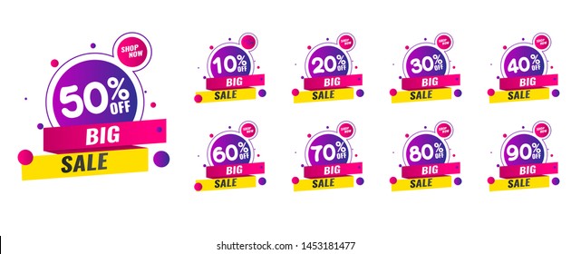 Sale tags set vector badges template, up to 10, 20, 90, 80, 30, 40, 50, 60, 70 percent off, vector illustracion.