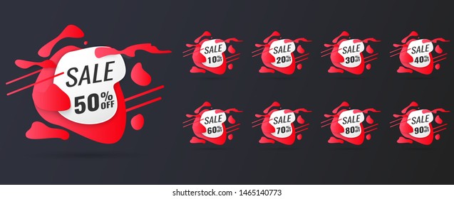Sale tags set vector badges template, up to 10, 20, 90, 80, 30, 40, 50, 60, 70 percent off, vector illustracion, Abstract trendy liquid background. 