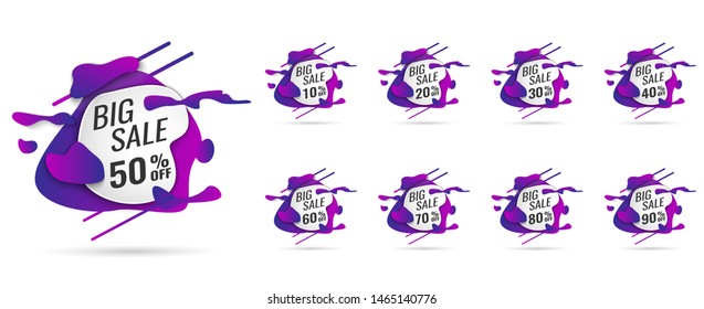 Sale tags set vector badges template, up to 10, 20, 90, 80, 30, 40, 50, 60, 70 percent off, vector illustracion, Abstract trendy liquid background. 