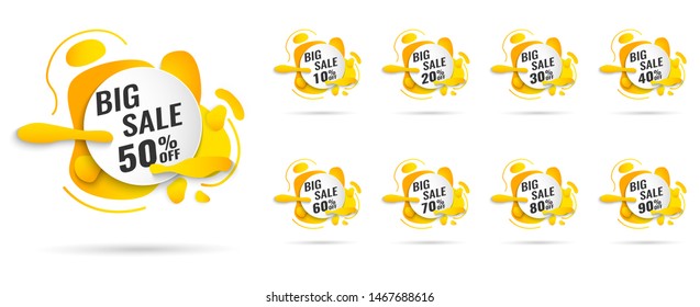 Sale tags set vector badges template, up to 10, 20, 90, 80, 30, 40, 50, 60, 70 percent off, vector illustracion, Abstract trendy liquid background. 