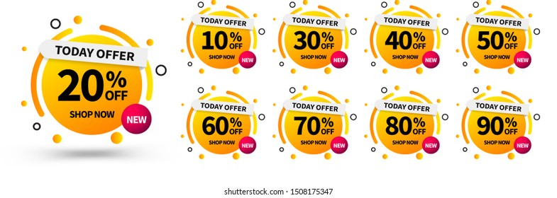 Sale tags set vector badges template, up to 10, 20, 30, 40, 50, 60, 70, 80, 90 percent off. Templates ready for use in advertising design, web and print design. Trendy discount banners or stickers.