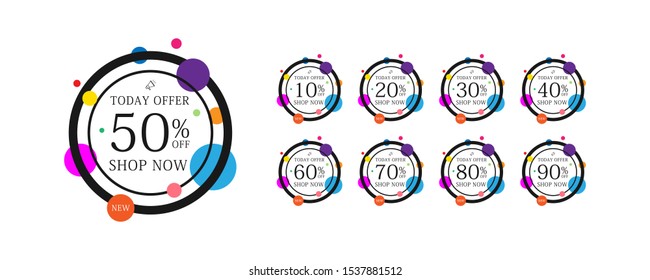 Sale tags set vector badges template, up to 10, 20, 90, 80, 30, 40, 50, 60, 70 percent off. Templates ready for use in web or print design.