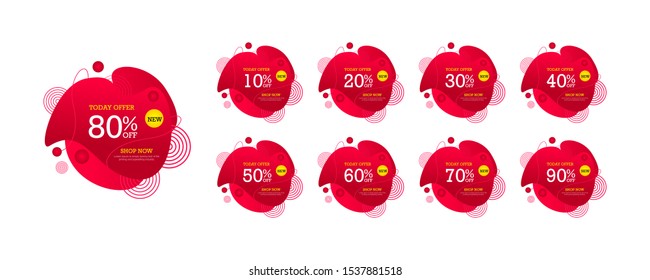 Sale tags set vector badges template, up to 10, 20, 90, 80, 30, 40, 50, 60, 70 percent off. Templates ready for use in web or print design.