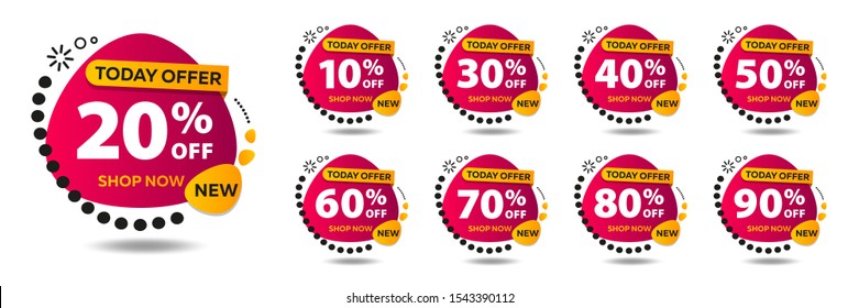 Sale tags set vector badges template, up to 10, 20, 30, 40, 50, 60, 70, 80, 90 percent off. Templates ready for use in advertising design, web and print design. Trendy discount banners or stickers
