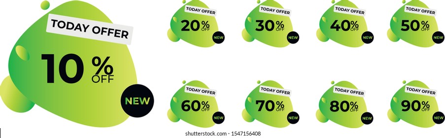 Sale tags set vector badges template, up to 10, 20, 30, 40, 50, 60, 70, 80, 90 percent off. Templates ready for use in advertising design, web and print design. Trendy discount banners or stickers.