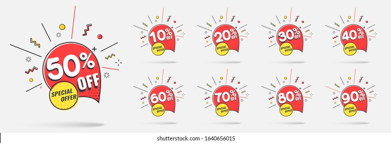 Sale tags set vector badges template, 10 off, 20 %, 90, 80, 30, 40, 50, 60, 70 percent sale label symbols, discount promotion flat icon with long shadow, clearance sale sticker emblem red rosette