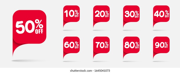 Sale tags set vector badges template, 10 off, 20 %, 90, 80, 30, 40, 50, 60, 70 percent sale label symbols, discount promotion flat icon with long shadow, clearance sale sticker emblem red rosette