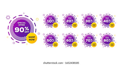 Sale tags set vector badges template in purple yellow color collection set, up to 10, 20, 90, 80, 30, 40, 50, 60, 70 percent off, vector illustracion.