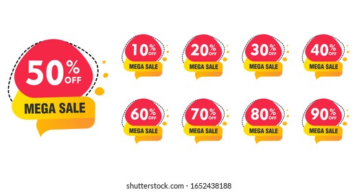 Sale tags set vector badges template, 10 off, 20 %, 90, 80, 30, 40, 50, 60, 70 percent sale label symbols, discount promotion flat design icon collection set, clearance sale sticker emblem red rosette