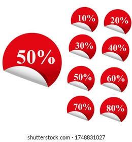 Etiquetas de venta conjunto de placa vectorial, hasta 10, 20, 90, 80, 30, 40, 50, 60, 70 por ciento de descuento, vector