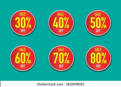 Sale tags set vector badges template, 30 off, 40 %, 50, 60, 70, 80 percent off label symbols, discount promotion flat icon.