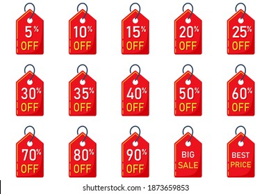 Sale tags set vector badges template, 5, 10 off, 15 , 20, 25, 30, 35, 40, 50, 60, 70 percent sale label symbols, discount promotion flat icon