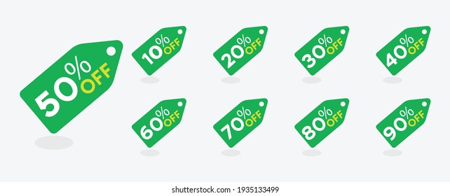 Sale tags set vector badges template, 10% off, 20%off, 90%off, 80%off, 30%off, 40%off, 50%off, 60%off, 70%off percent sale label symbols, discount promotion flat icon, sale sticker emblem green