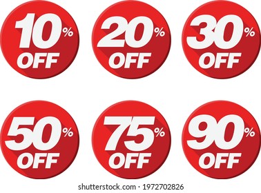 Sale tags set vector badges template, 10 off, 20, 30, 50, 75 90 percent sale label symbols, discount promotion flat icon with long shadow