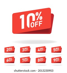 Sale tags set vector badges template, 10 off, 20, 30, 40, 50, 60, 70, 80, 90 percent off label symbols, discount promotion flat icon, clearance sale sticker emblem red rosette.