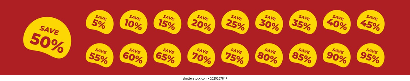 Sale tags set vector badges template, 5off, 10 off, 15%, 20, 25, 30, 35, 40, 45, 50, 55, 60, 65, 70, 75, 80, 85, 90, 95 percent sale label symbols, discount promotion flat icon with long shadow, clear
