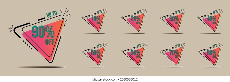 Sale tags set vector badges template, up to 90, 80, 70, 60, 50, 40, 30, 20, 10 percent off, vector illustration