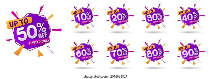 Sale tags set vector badges template, up to 10, 20, 90, 80, 30, 40, 50, 60, 70 percent off, vector illustracion. svg