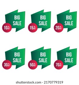 Sale tags set vector badges up to 10 off, 15,20, 30, 40, or 50,70 percent off big sales and discount offer banner design. 
