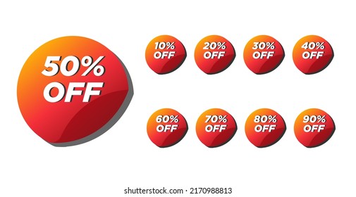 Sale tags set vector badges template  10 off 20  30  40  50  60  70 80 90 percent off label symbols  discount promotion flat icon with long shadow  clearance sale sticker emblem red rosette