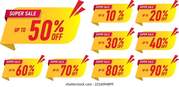 Sale tags set vector badges template, 10 off, 20 %, 30, 40, 50, 60, 70, 80, 90 percent sale label symbols