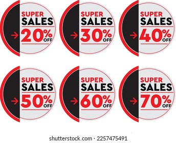 Sale tags set vector badges template, 20% off, 30%, 40%, 50%, 60%, 70% percent sale label symbols, discount promotion flat icon - vector