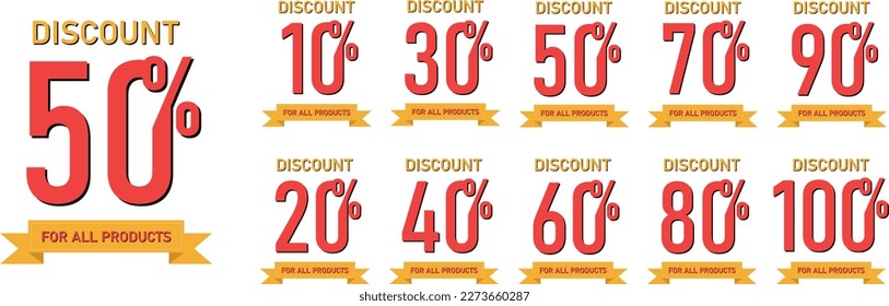 Sale tags set vector badges template. Sale offer price sign 0- 100percent. Special offer symbol.10%, 20%, 30%, 40%, 50%, 60%, 70%, 80%, 90%, 100% Discount. Badge shape.