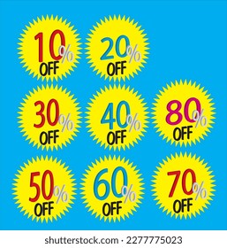 Etiquetas de venta conjunto de placas vectoriales plantilla, 10 off, 20%, 30, 40, 50, 60, 70 por ciento off label, promoción de descuento icono plano con sombra larga, limpieza venta etiqueta emblema Amarillo
