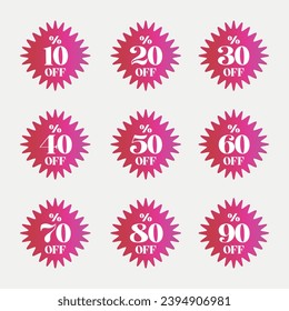 Sale tags set vector badges template, 10 off, 20, 25, 30, 40, 50, 60, 70, 80, 90 percent off label symbols, discount promotion flat icon with long shadow, clearance sale sticker emblem 