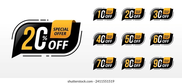 Sale tags set vector badges template, up to 10, 20, 30, 40, 50, 60, 70, 80, 90 percent off. ready for use in advertising design, web and print design, discount banners or stickers.