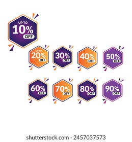Sale tags set vector badges template, up to 10, 20, 90, 80, 30, 40, 50, 60, 70 percent off, vector illustracion.