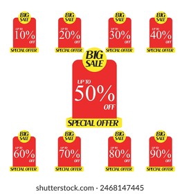 Sale tags set vector badges template, up to 10, 20, 90, 80, 30, 40, 50, 60, 70 percent off, vector illustracion.