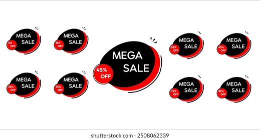 Sale tags set vector badges template, up to 5, 15, 25, 35, 45, 55, 65, 75, 85 percent off, vector illustration.