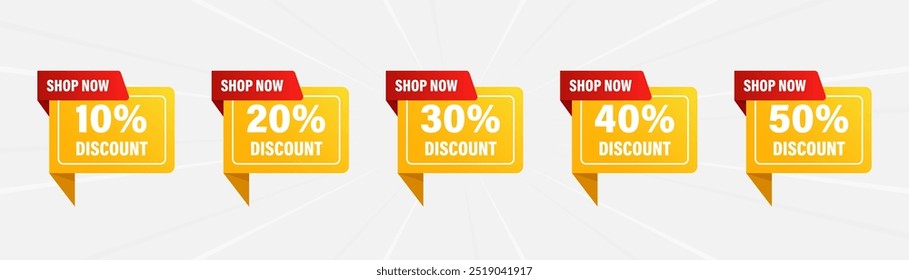 Sale tags set vector badges template, up to 10, 20, 30, 40, 50  percent off, vector illustration.