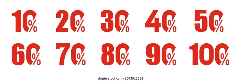 As marcas de venda definem o modelo de emblemas vetoriais. Números de desconto de compras com 10, 20, 30, 40, 50, 60, 70, 80, 90, 100 por cento de desconto.