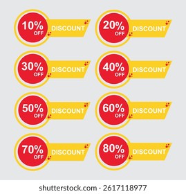 Sale tags set vector badges template, up to 10, 20, 90, 80, 30, 40, 50, 60, 70 percent off, vector illustration.