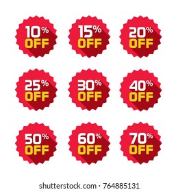 Sale tags set vector badges template, 10 off, 15 %, 20, 25, 30, 40, 50, 60, 70 percent off label symbols, discount promotion flat icon with long shadow, clearance sale sticker emblem red rosette