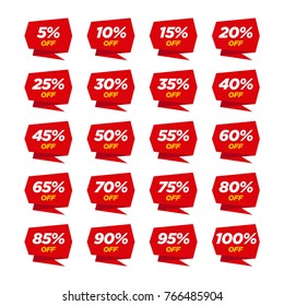 Sale tags set vector badges template, 10 off, 15 , 20, 25, 30, 40, 50, 60, 70 percent sale label symbols, discount promotion flat icon with long shadow, clearance sale sticker emblem red rosette