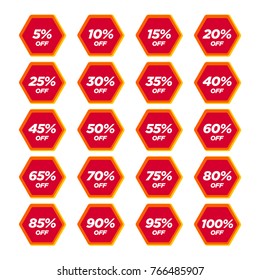 Sale tags set vector badges template, 10 off, 15 , 20, 25, 30, 40, 50, 60, 70 percent sale label symbols, discount promotion flat icon with long shadow, clearance sale sticker emblem red rosette