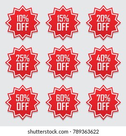 Sale tags set vector badges template, 10 off, 15 %, 20, 25, 30, 40, 50, 60, 70 percent sale label symbols, discount promotion flat icon with long shadow, clearance sale sticker emblem red rosette.