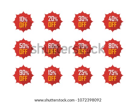 Sale tags set vector badges template, 10 off, 15 %, 20, 25, 30, 40, 50, 60, 70, 75 percent sale label symbols, discount promotion flat icon with long shadow, clearance sale sticker emblem