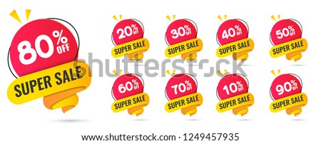 Sale tags set vector badges template, 10 off, 20 %, 90, 80, 30, 40, 50, 60, 70 percent sale label symbols, discount promotion flat icon with long shadow, clearance sale sticker emblem red rosette