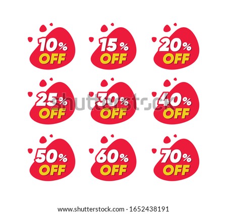 Sale tags set vector badges template, 10 off, 15 %, 20, 25, 30, 40, 50, 60, 70 percent off label symbols, discount promotion bubbles flat icon design collection set, clearance sale sticker emblem red 