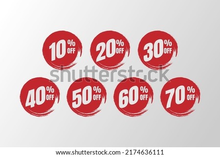 Sale tags set vector badges template with percent sale label symbols, discount promotion flat icon clearance sale sticker emblem red grunge brush