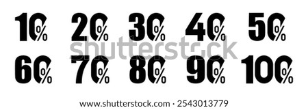 Sale tags set vector badges template. Shopping discount numbers with 10, 20, 30, 40, 50, 60, 70, 80, 90, 100 percent off.