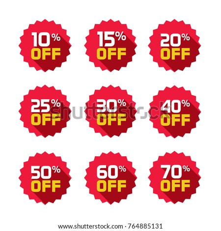 Sale tags set vector badges template, 10 off, 15 %, 20, 25, 30, 40, 50, 60, 70 percent off label symbols, discount promotion flat icon with long shadow, clearance sale sticker emblem red rosette